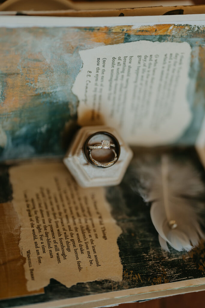 Wedding bands placed on top of a handmade book of poetry