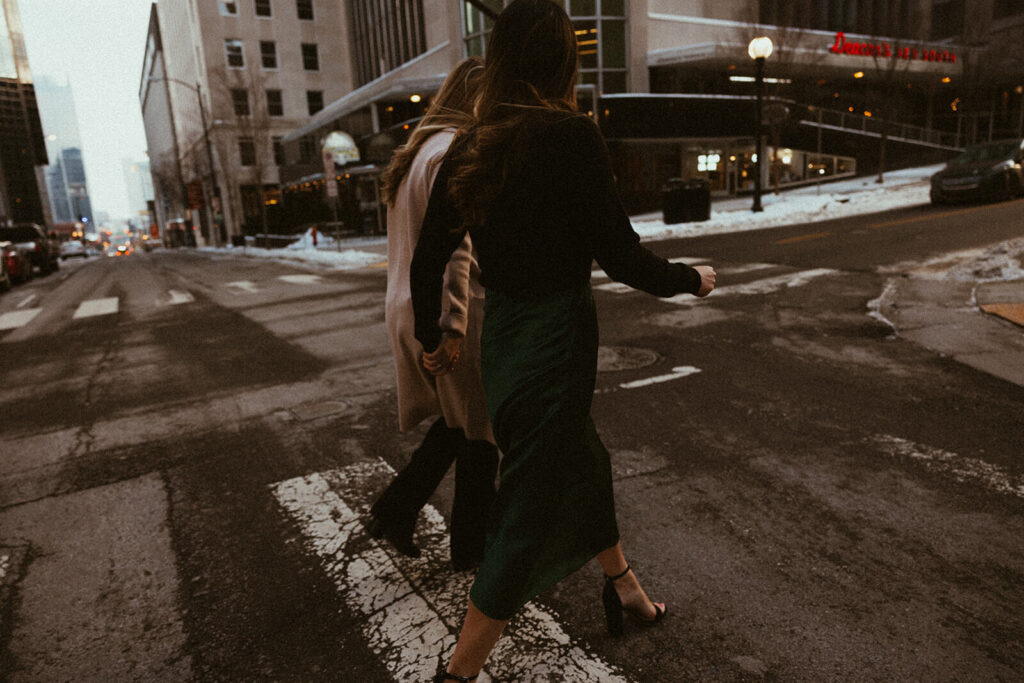 Couple wanders the streets of deserted downtown Nashville in mini-moon engagement session