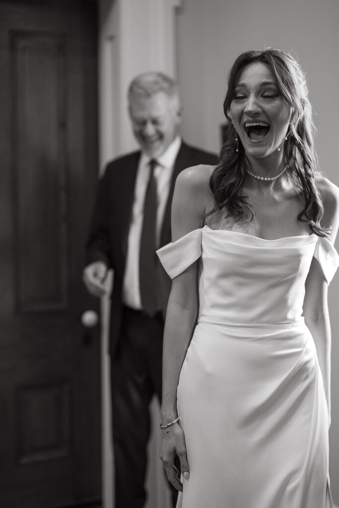 Bride reacts to her father in overjoyed expression in documentary style wedding photos