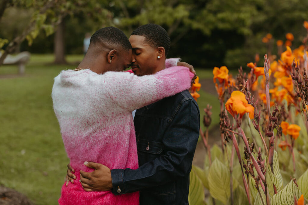 Couple touches foreheads in sweet embrace