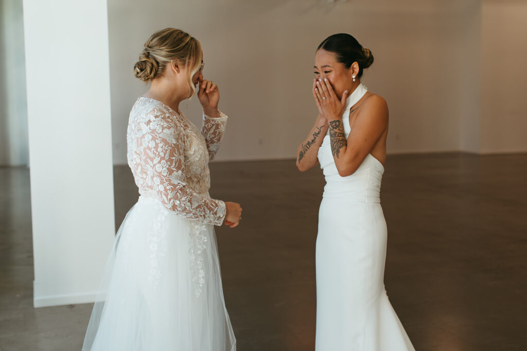 Newlywed brides have emotional first look