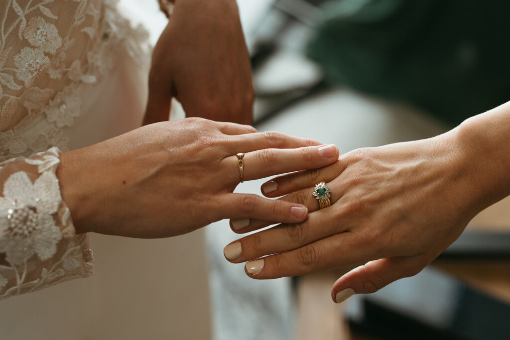 Brides show each other their rings from RF Moeller in Minneapolis