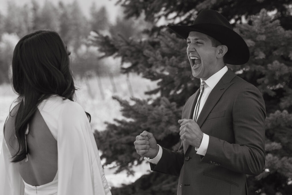 Groom exclaims exuberantly when he sees his bride for the first time. 