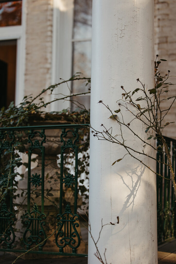 Vines twine around great white columns at Riverwood Mansion in Nashville