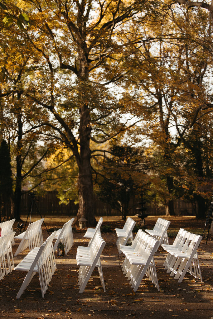 Empty chairs wait for guests at autumn wedding in Nashville