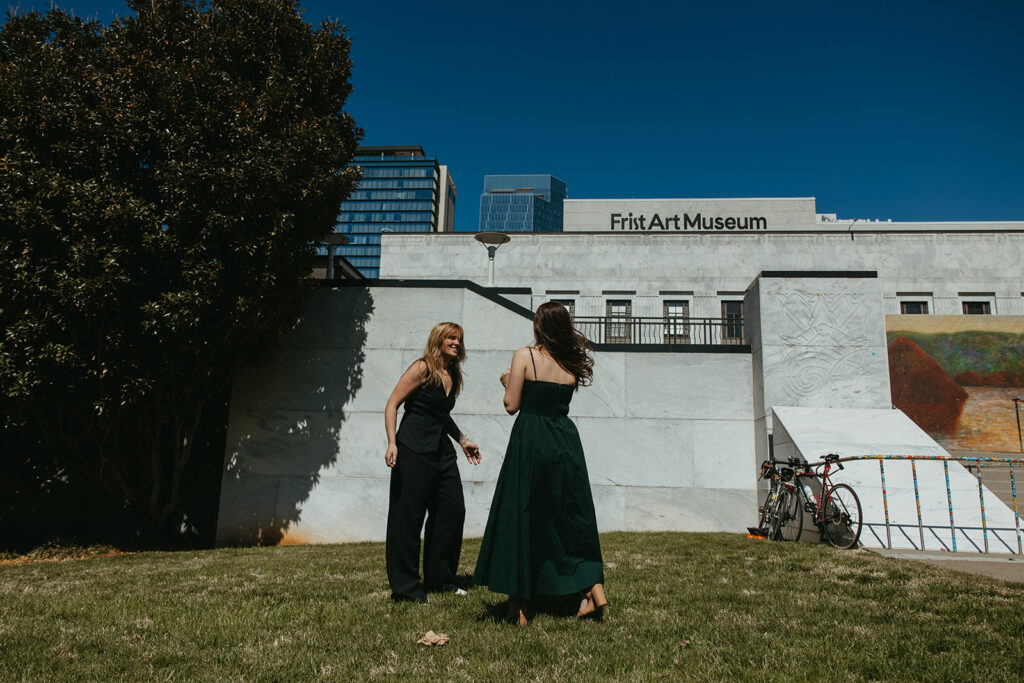 Couple twirls outside Frist Art Museum in downtown Nashville