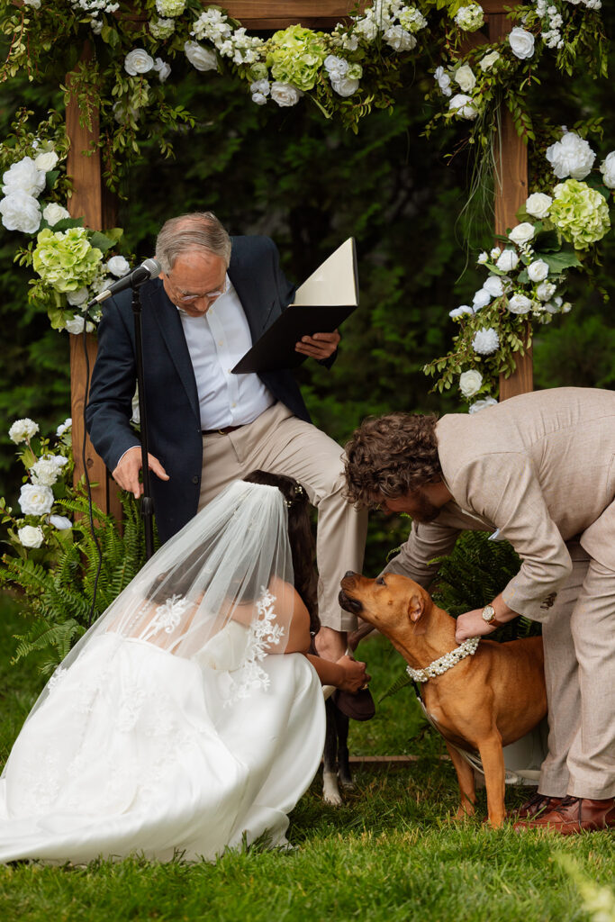 Bride kneeling under the floral arbor, untangling her dog from the officiant's feet