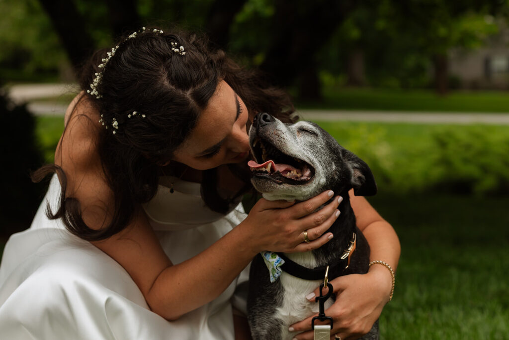 Bride kneeling in her dress, kissing her dog