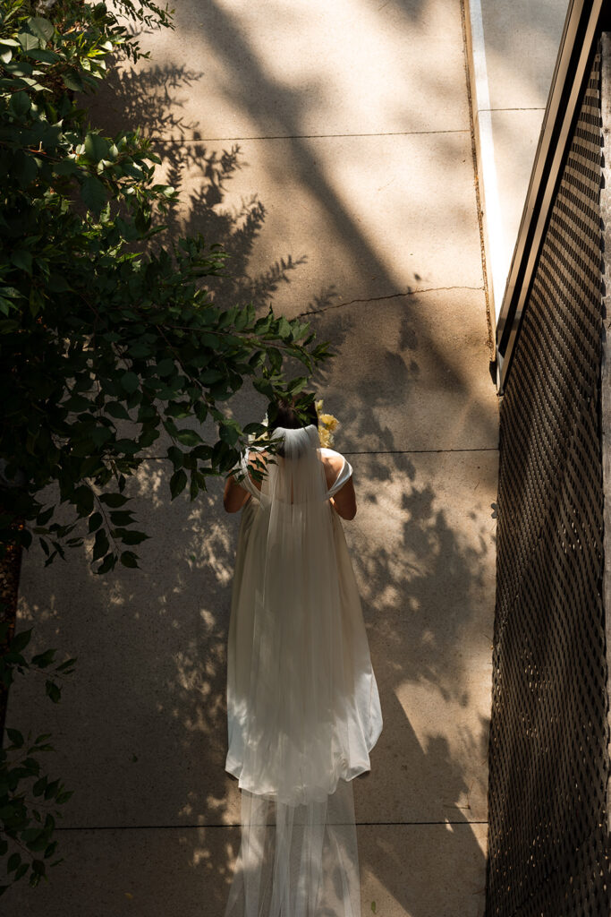 Bride walking alone through the trees, veil trailing behind her.