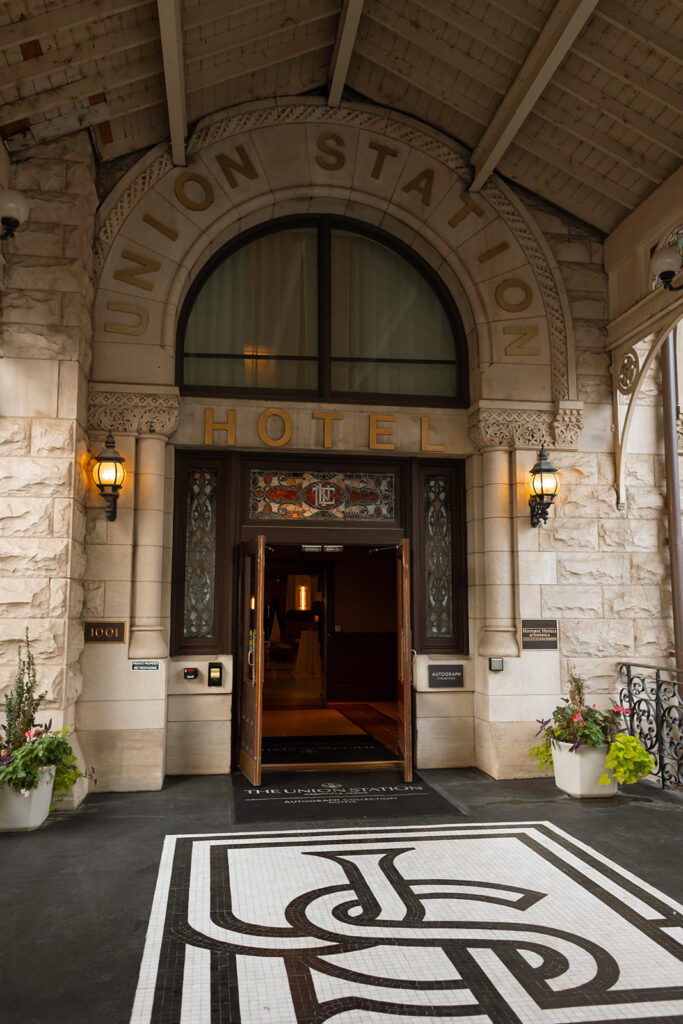 View of the front of Union Station in Nashville with its stained glass windows and beautiful latticework.